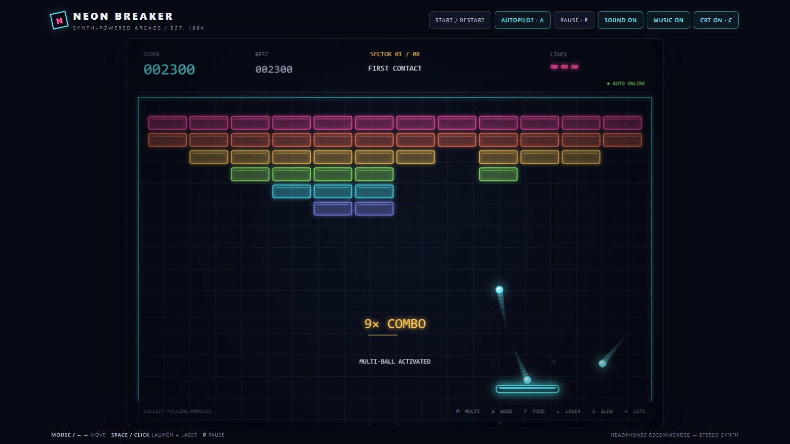 GPT-6.1 Sol · Neon Breaker · Synth-powered arcade