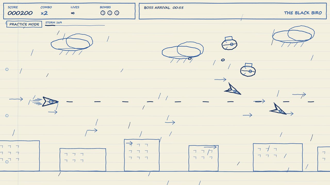 Ballpoint pen sketch shoot-em-up on notebook paper