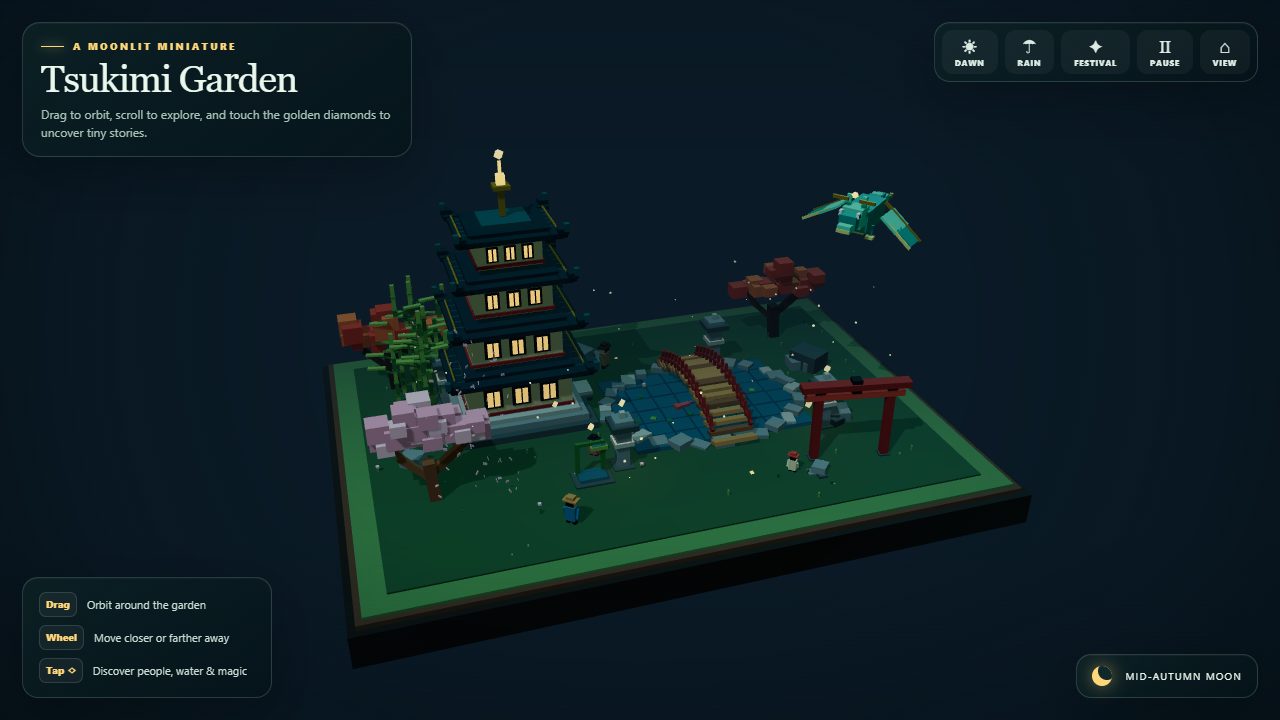 Voxel Japanese garden at night with a pagoda and a dragon