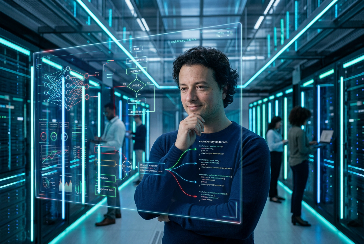 Young researcher in a futuristic data center analyzing AI evolutionary algorithms