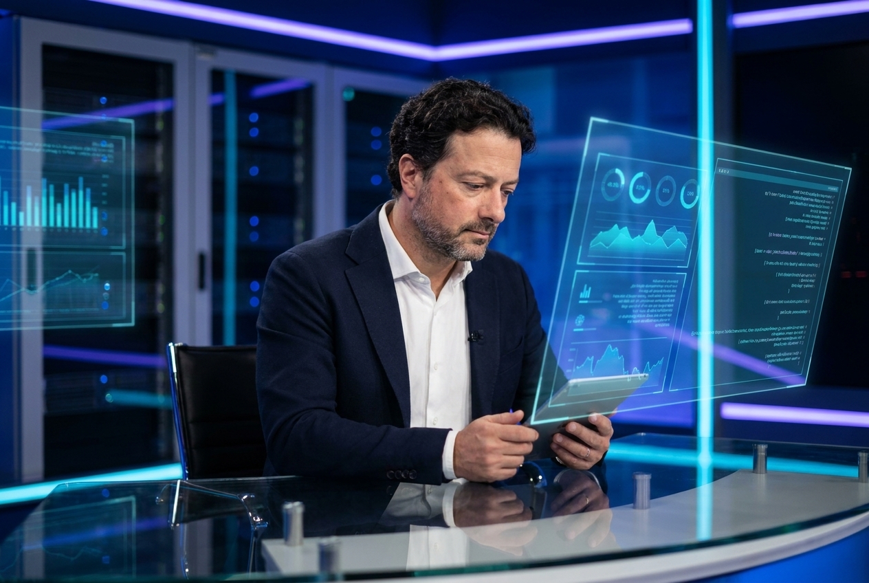 Vito Ruocco in una redazione tecnologica futuristica con dashboard AI