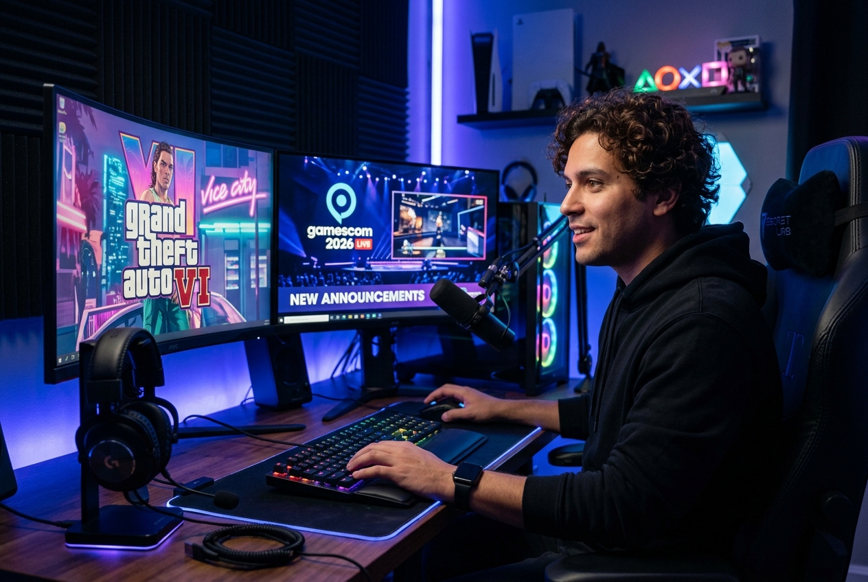 Kaito at gaming setup discussing GTA 6 and Gamescom 2026 announcements