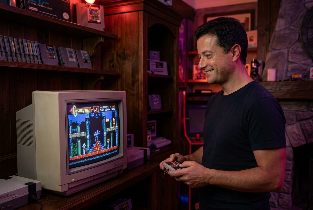 Kaito (Vito Ruocco) playing retro Castlevania on a CRT monitor in a gothic gaming room