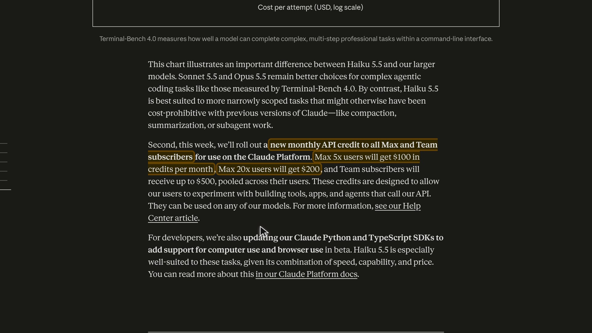 Anthropic's Haiku 5.5 page: the new monthly API credit for Max and Team subscribers, highlighted live in the video