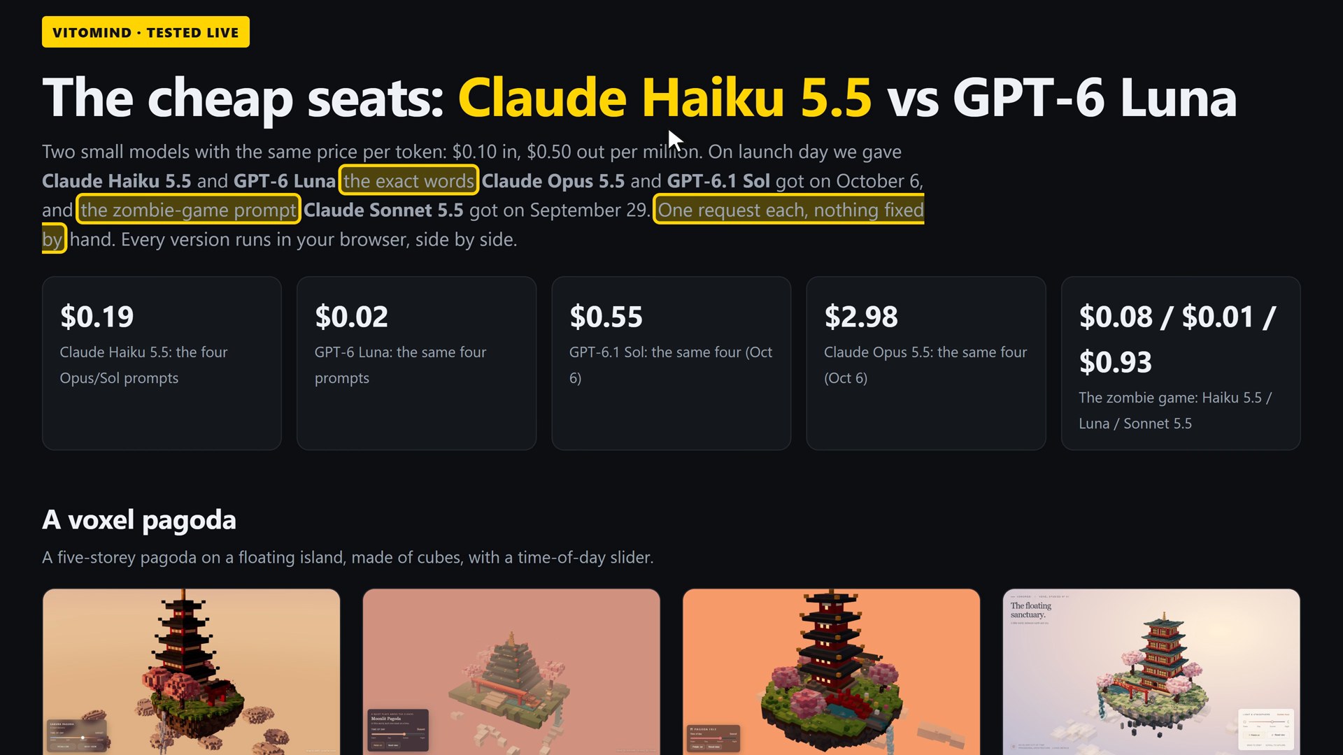 The gallery on ruocco.it: 19 demos, with the cost of every run at the top