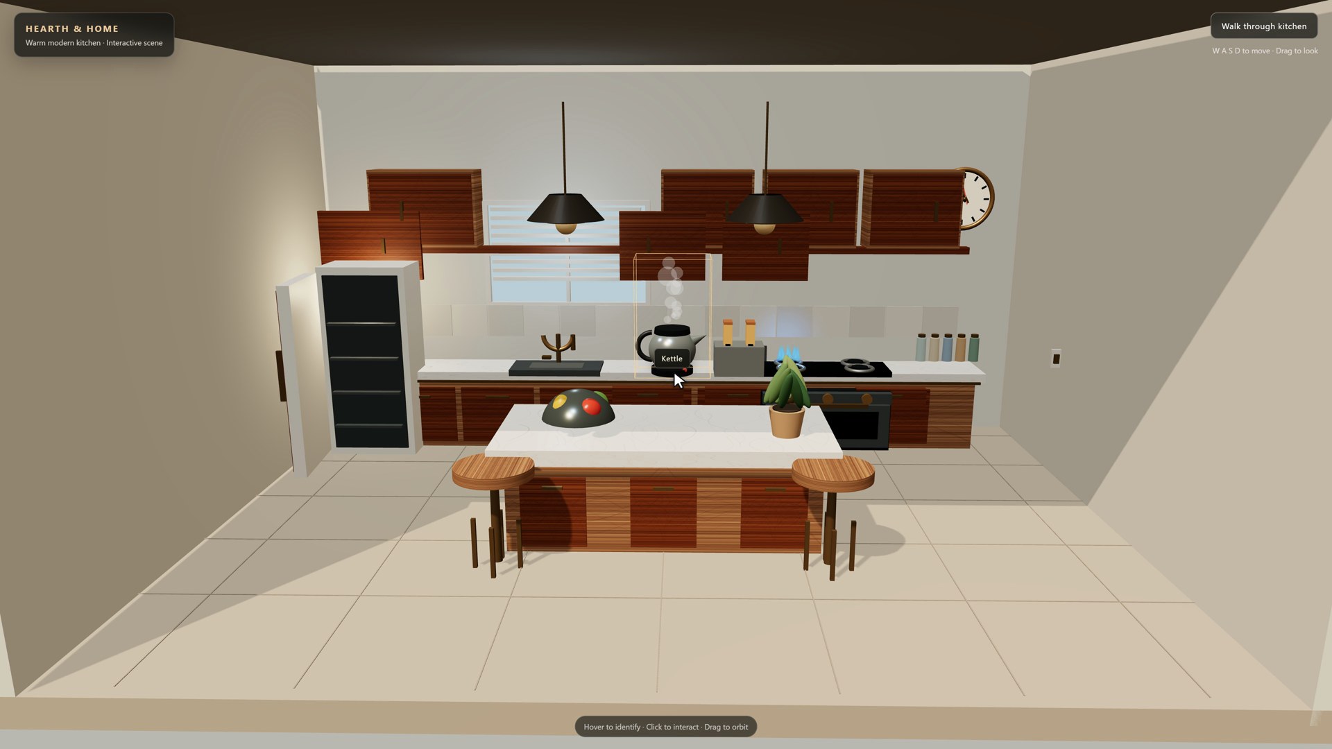 GPT-6 Luna's kitchen: flatter light, but the cabinets open, the hob lights and the kettle steams