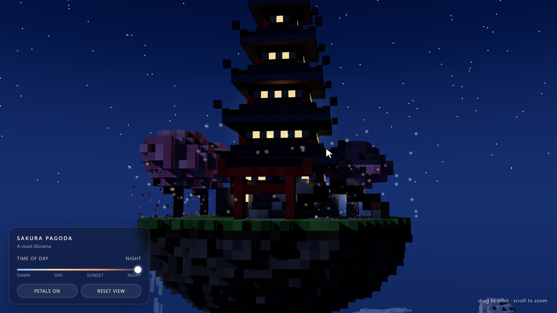 Claude Haiku 5.5's Sakura Pagoda at night: lit windows, fireflies and stars