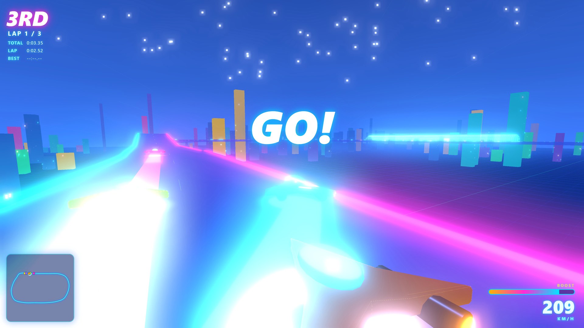 Claude Haiku 5.5's Neon Apex: a bright neon city, boost meter, minimap and five rivals