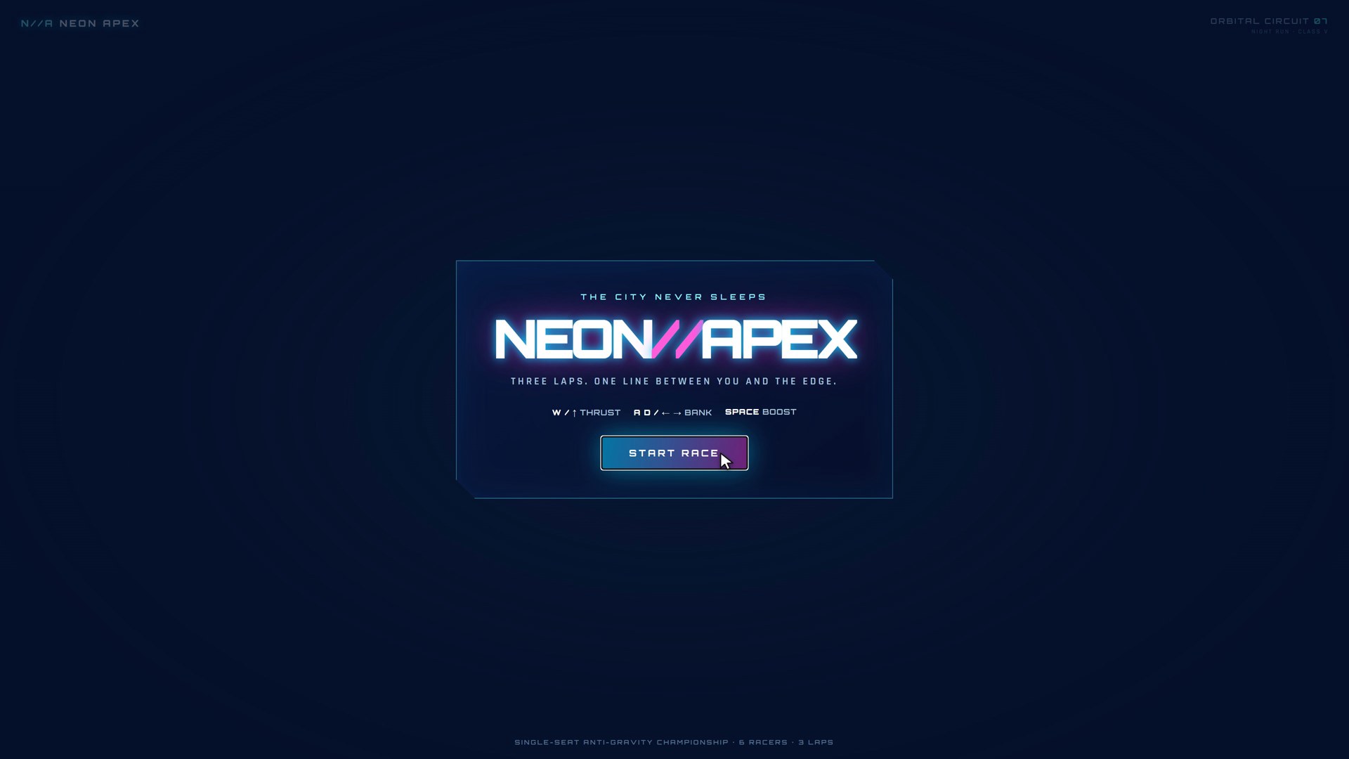 GPT-6 Luna's Neon//Apex: a great title screen, and a game that never starts
