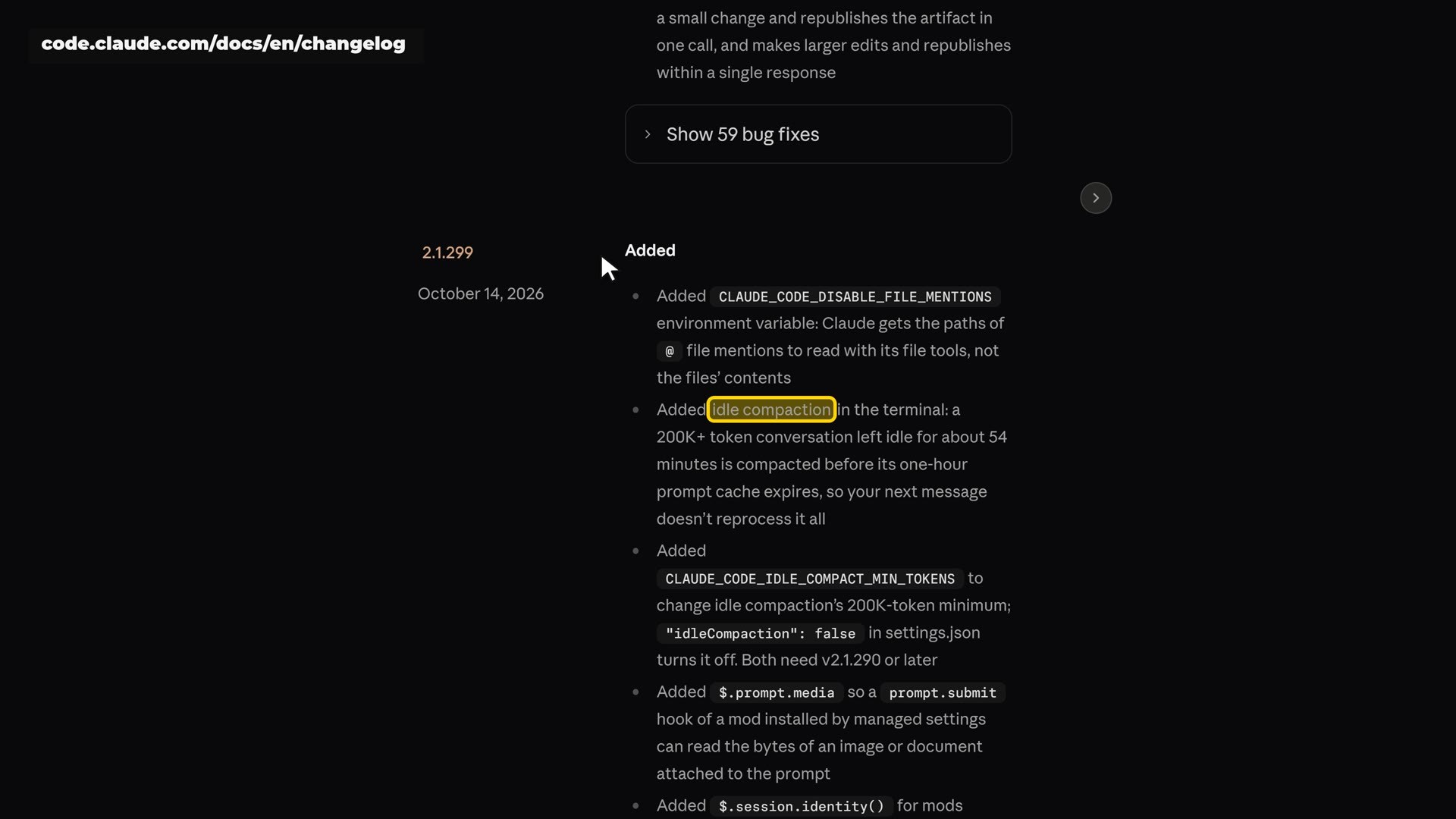 The official changelog, version 2.1.299: idle compaction for conversations over 200,000 tokens.
