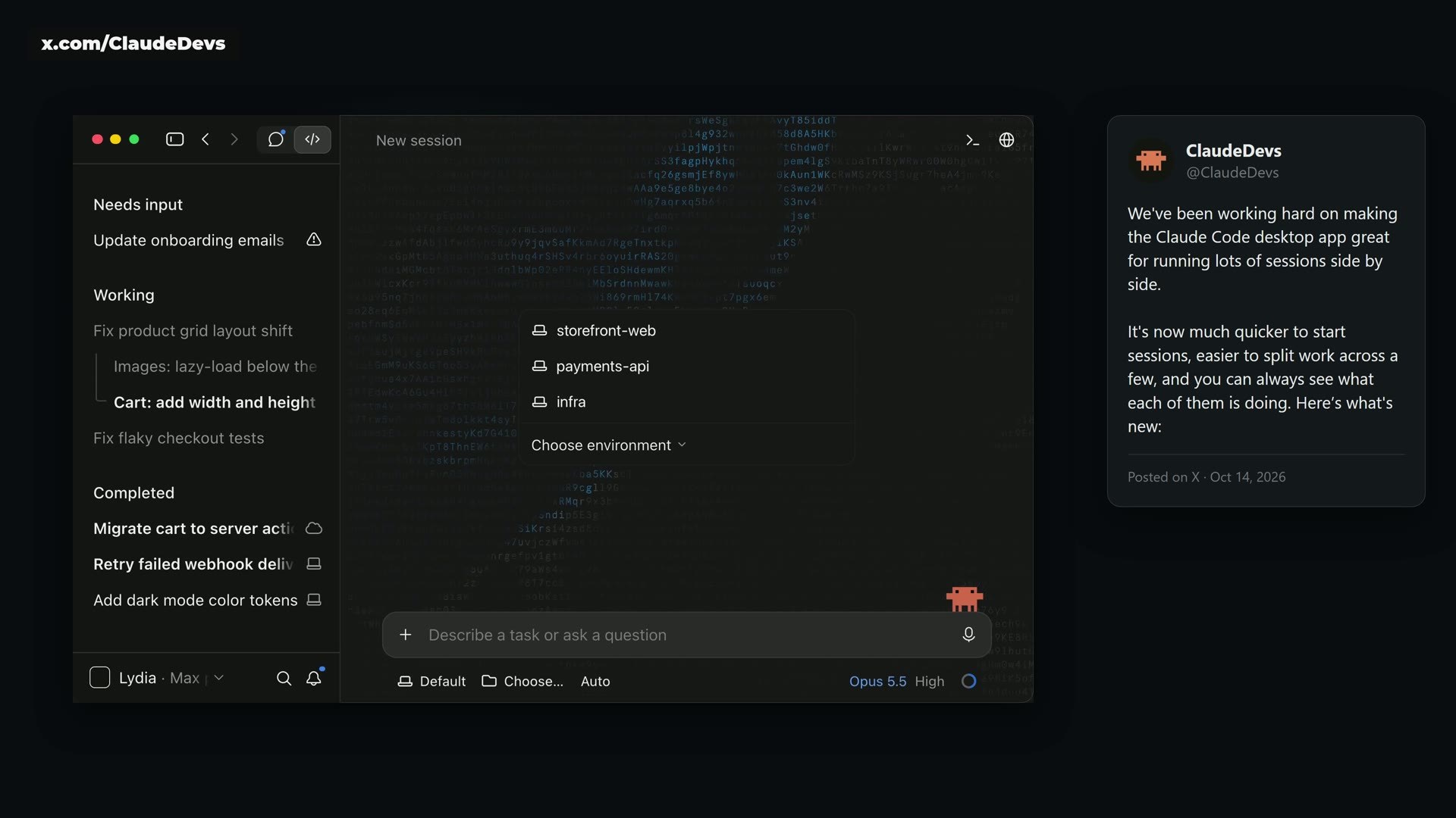 The Claude Devs announcement: the desktop app is now built for running many sessions side by side.