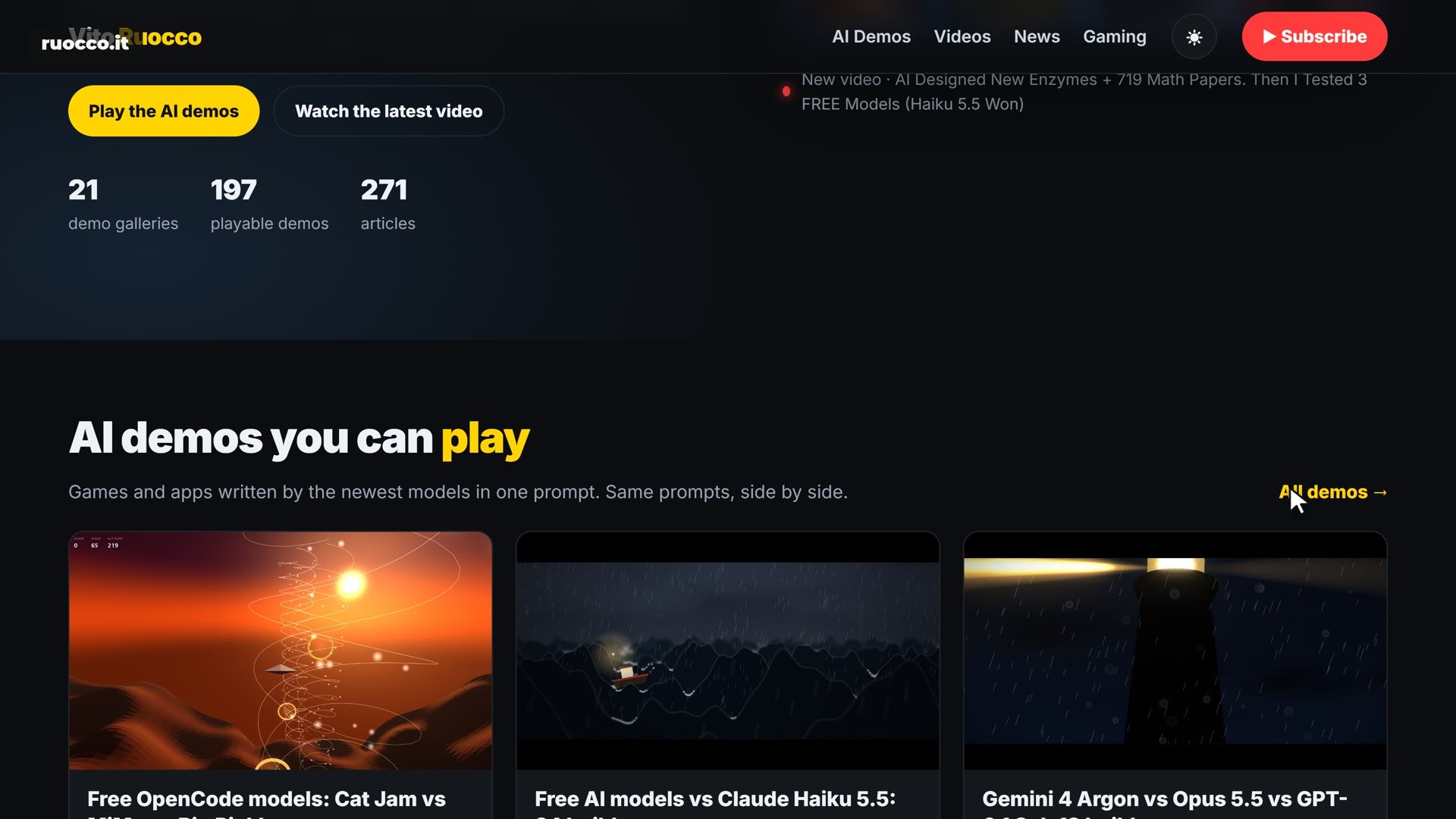 ruocco.it: from the home page to AI demos, with a page for every video on the channel.
