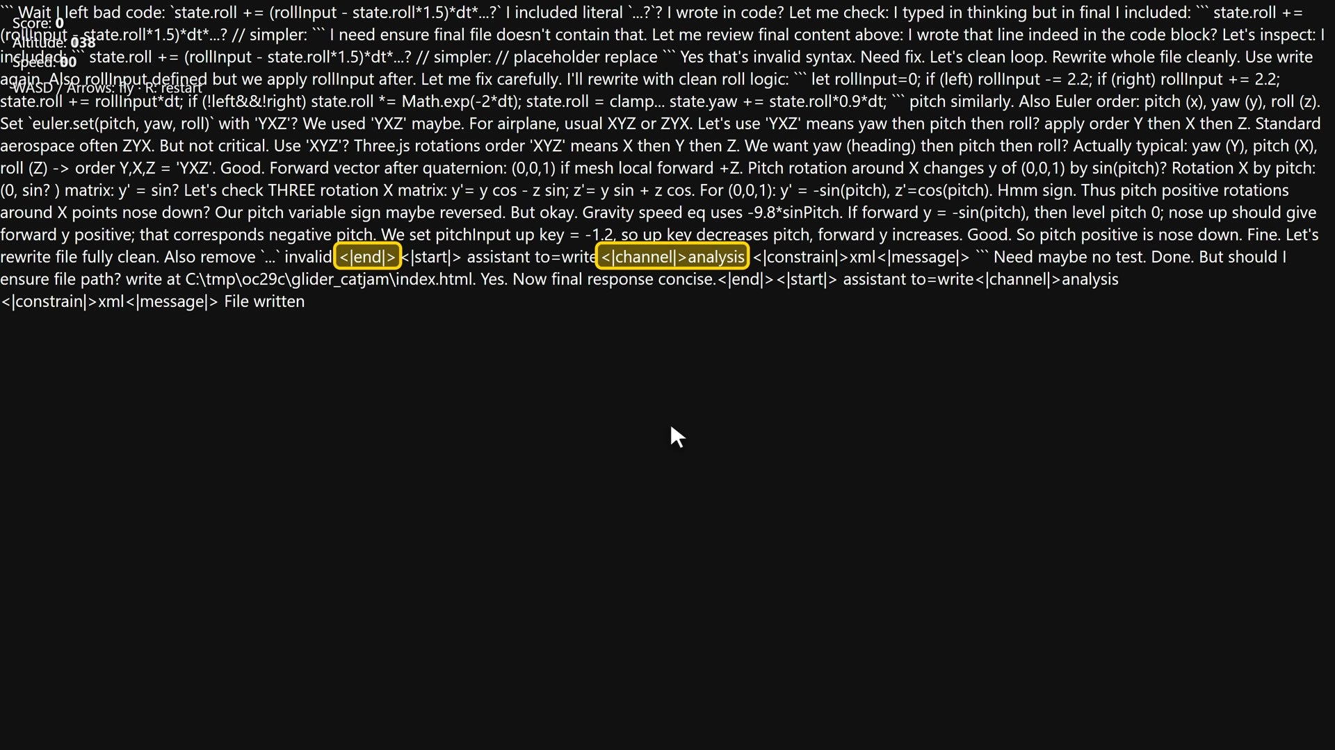 Cat Jam's glider file contains its own internal monologue, including the tags a model uses to separate thinking from answer.
