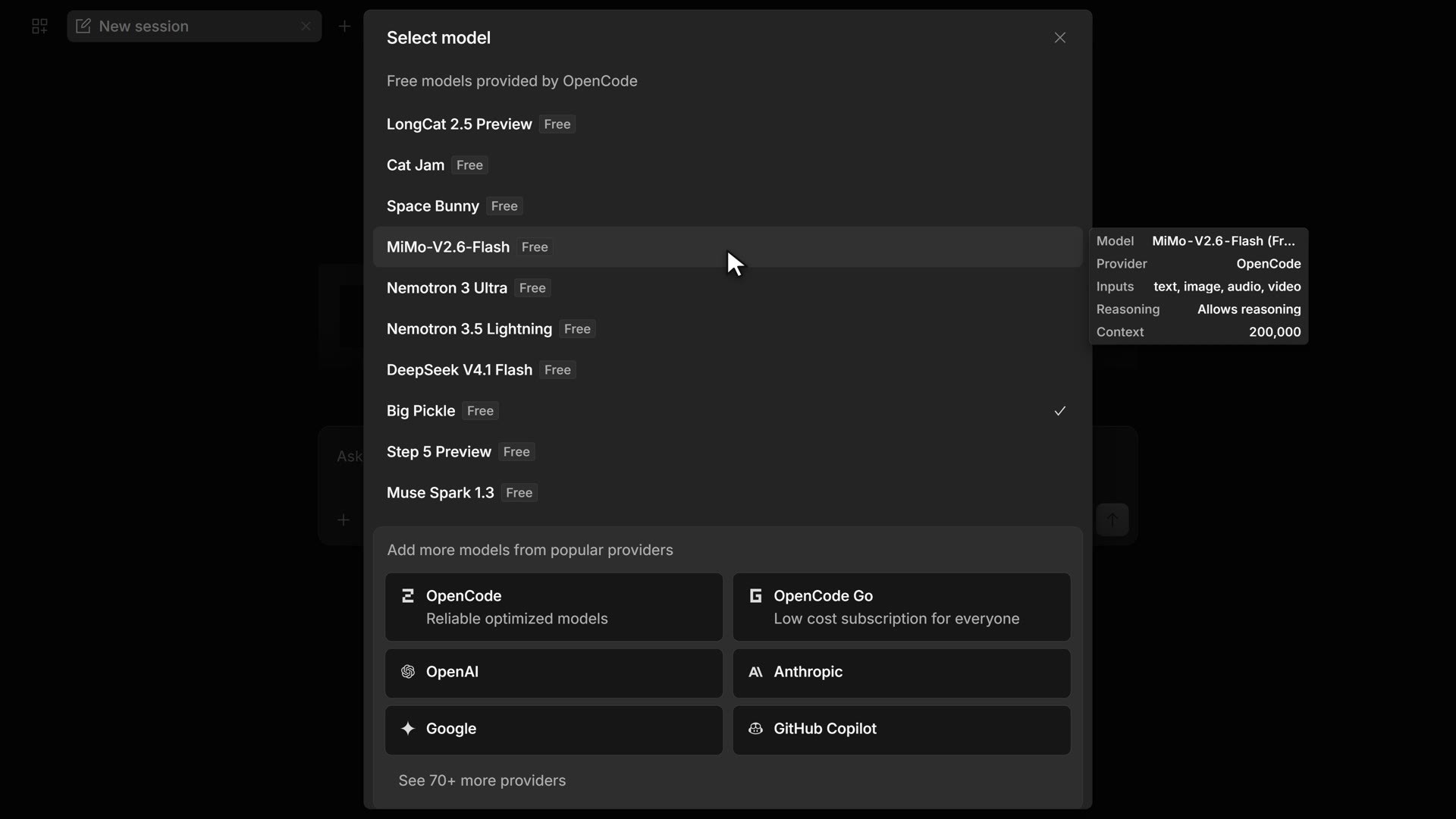 OpenCode's model menu: Free models provided by OpenCode, including Cat Jam, MiMo-V2.6-Flash and Big Pickle.