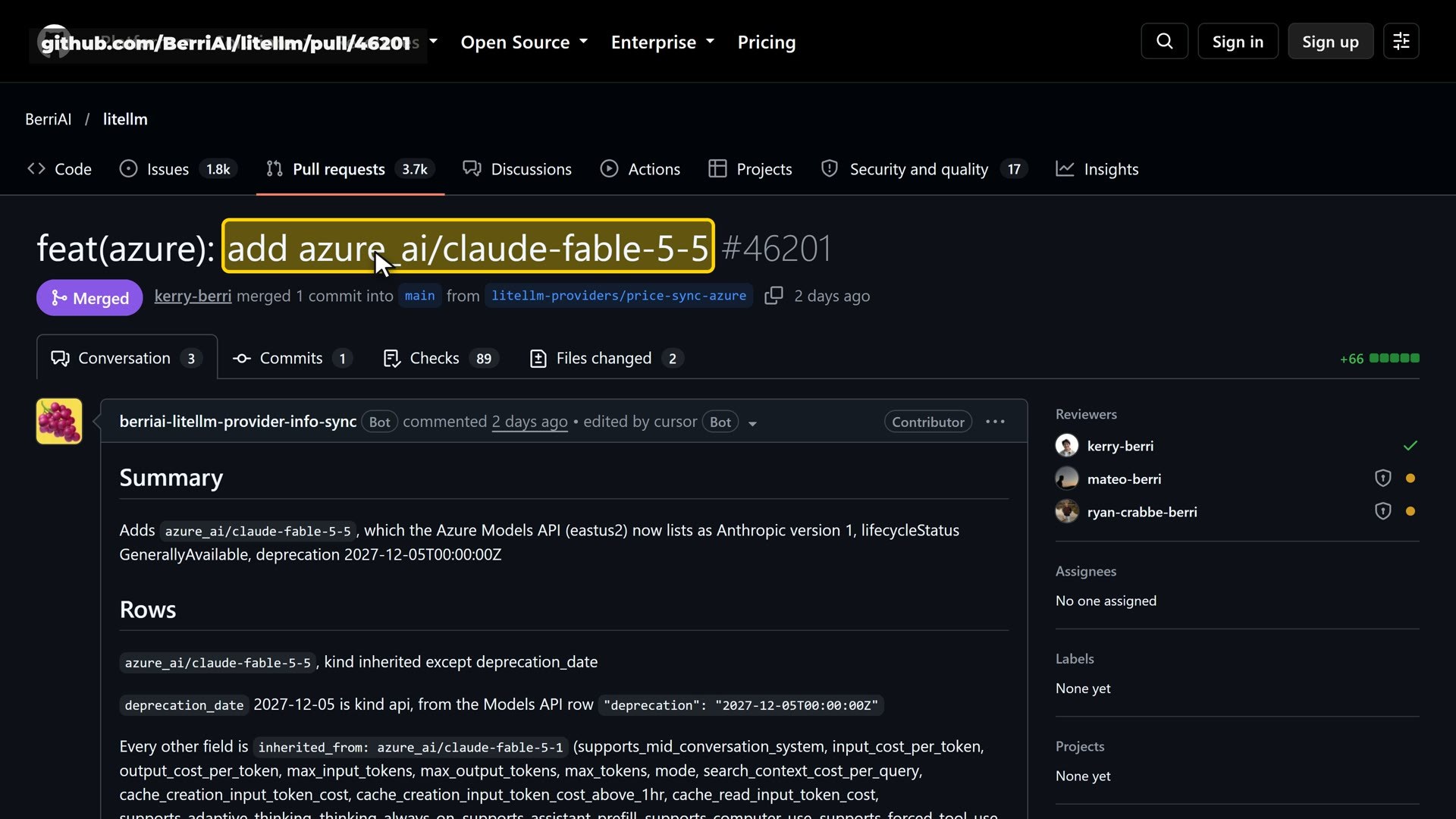 The LiteLLM pull request: a bot added azure_ai/claude-fable-5-5 after Azure listed it as generally available.