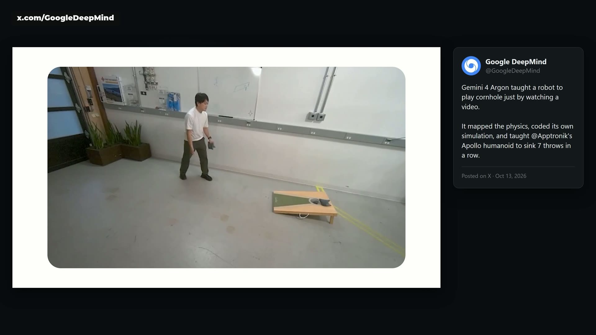 Google DeepMind's post: Gemini 4 Argon watched a human play cornhole and trained Apptronik's Apollo humanoid.
