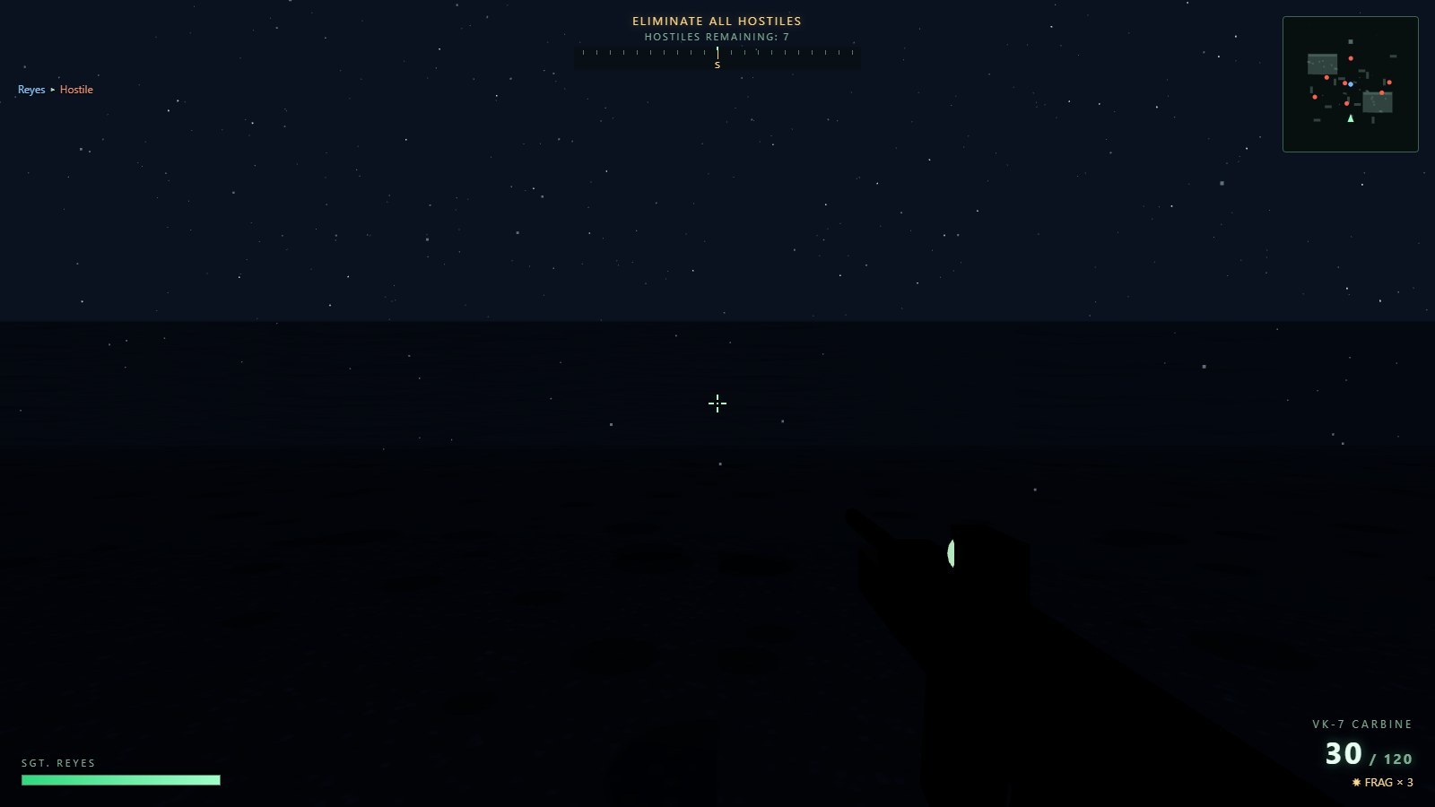 Kimi K3's shooter: a starry night, a hostiles counter and a minimap. It works, but the world is plainer.