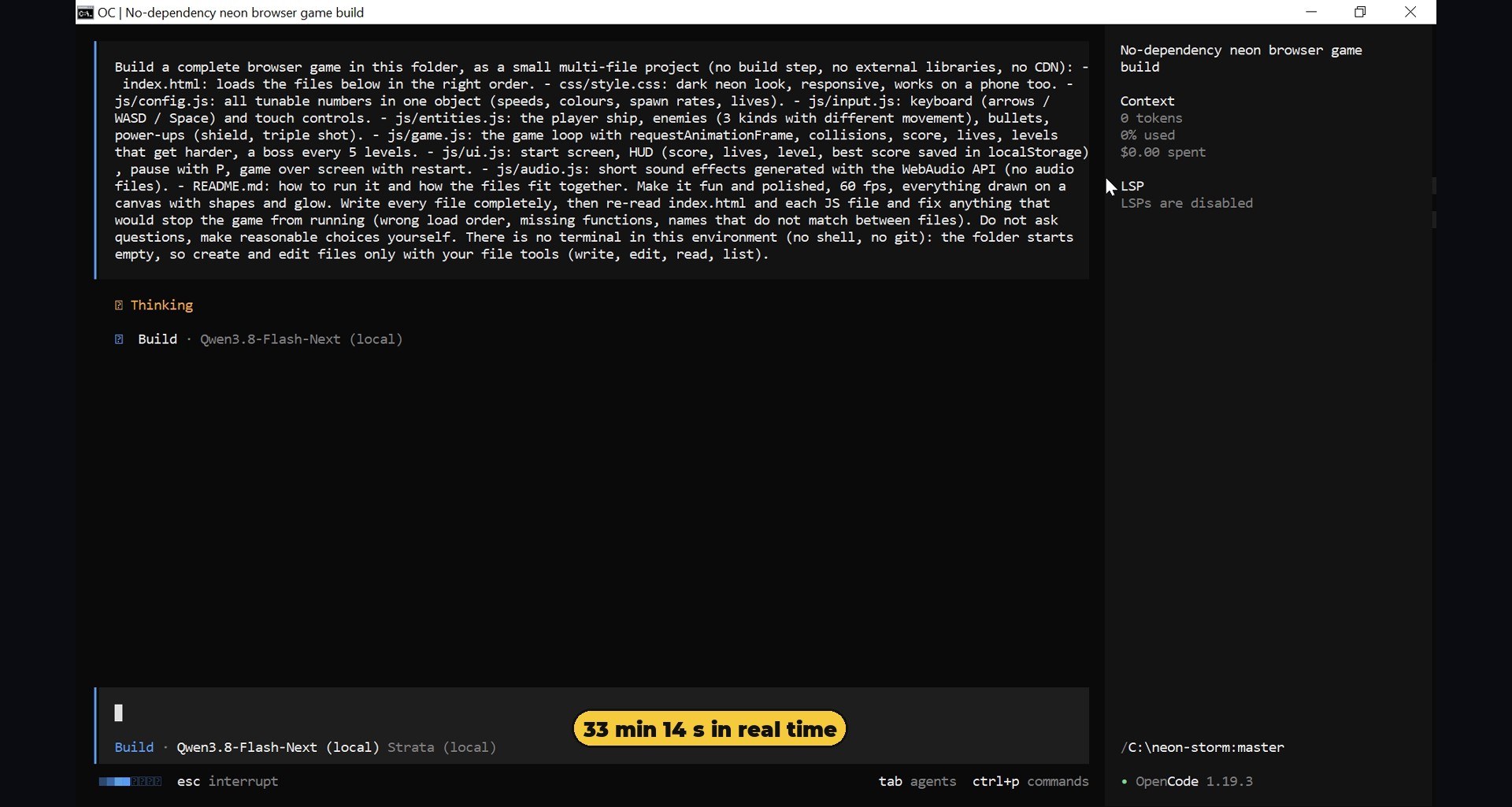 OpenCode running in the command prompt with Qwen Flash Next served by Strata. The real time of the recorded run: 33 minutes 14 seconds.