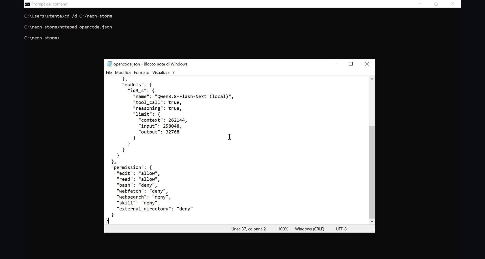 The project's opencode.json in Notepad: Strata as the provider, the local model with its full context, and permissions limited to reading and editing files.