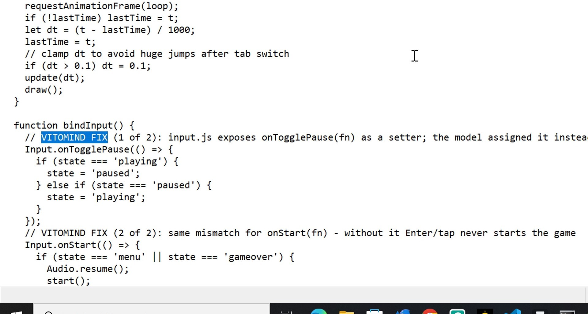 The two marked fixes in Qwen 27B's game file: the input module expects the game to call onStart and onTogglePause, the game overwrote them instead.