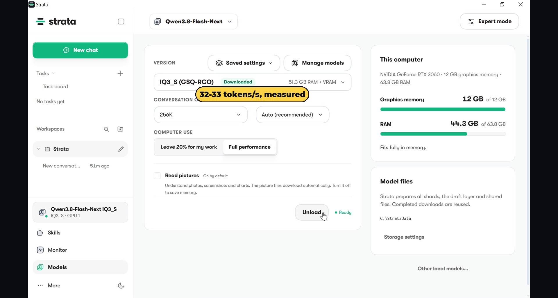 Models page in Strata: with Full performance selected, Flash Next ran at 32 to 33 tokens per second on the RTX 3060, measured, at 256K context.