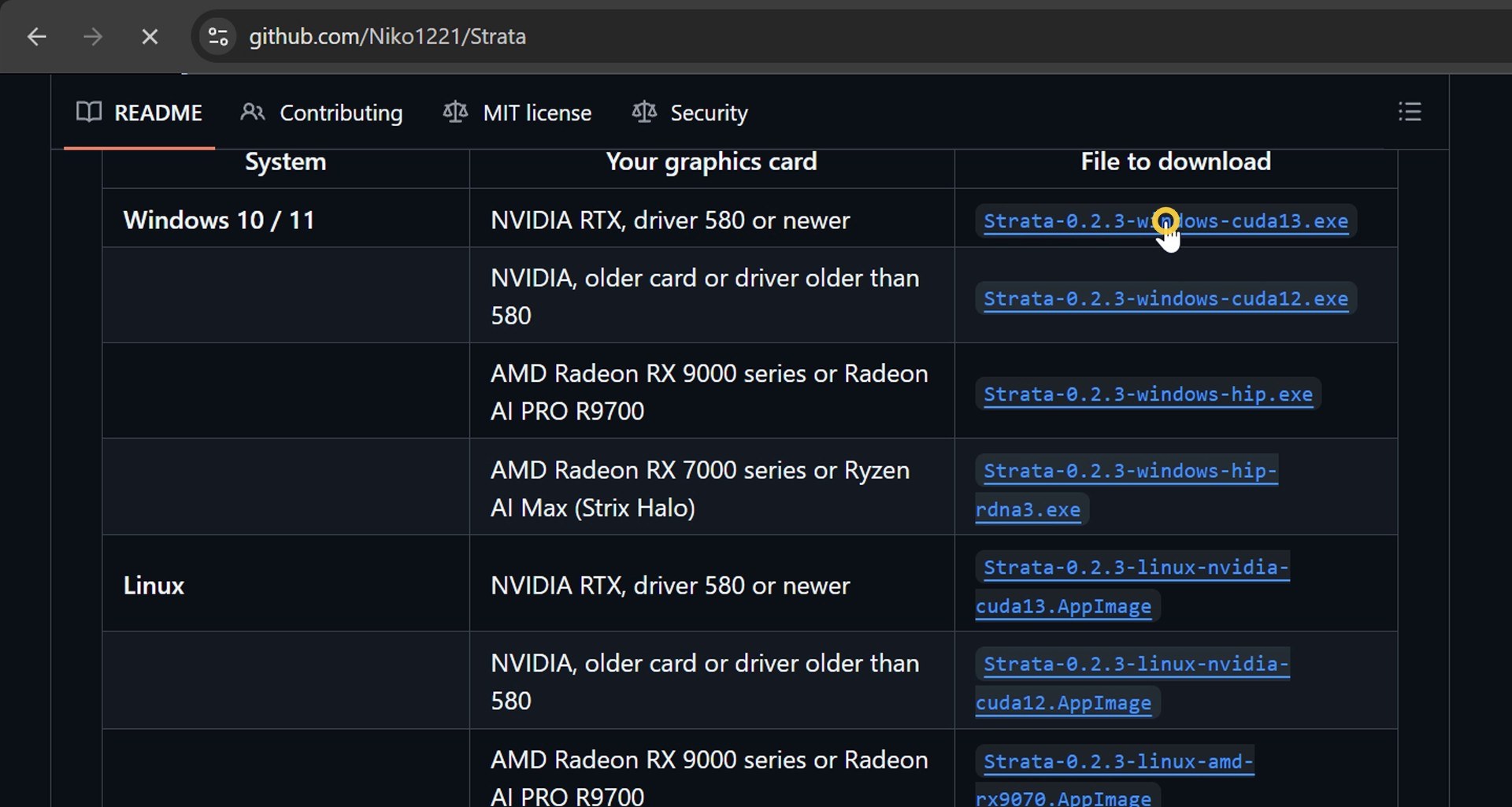 Strata's install table on GitHub: one file per system and graphics card. For an NVIDIA RTX with driver 580 or newer on Windows, the first file is the right one.