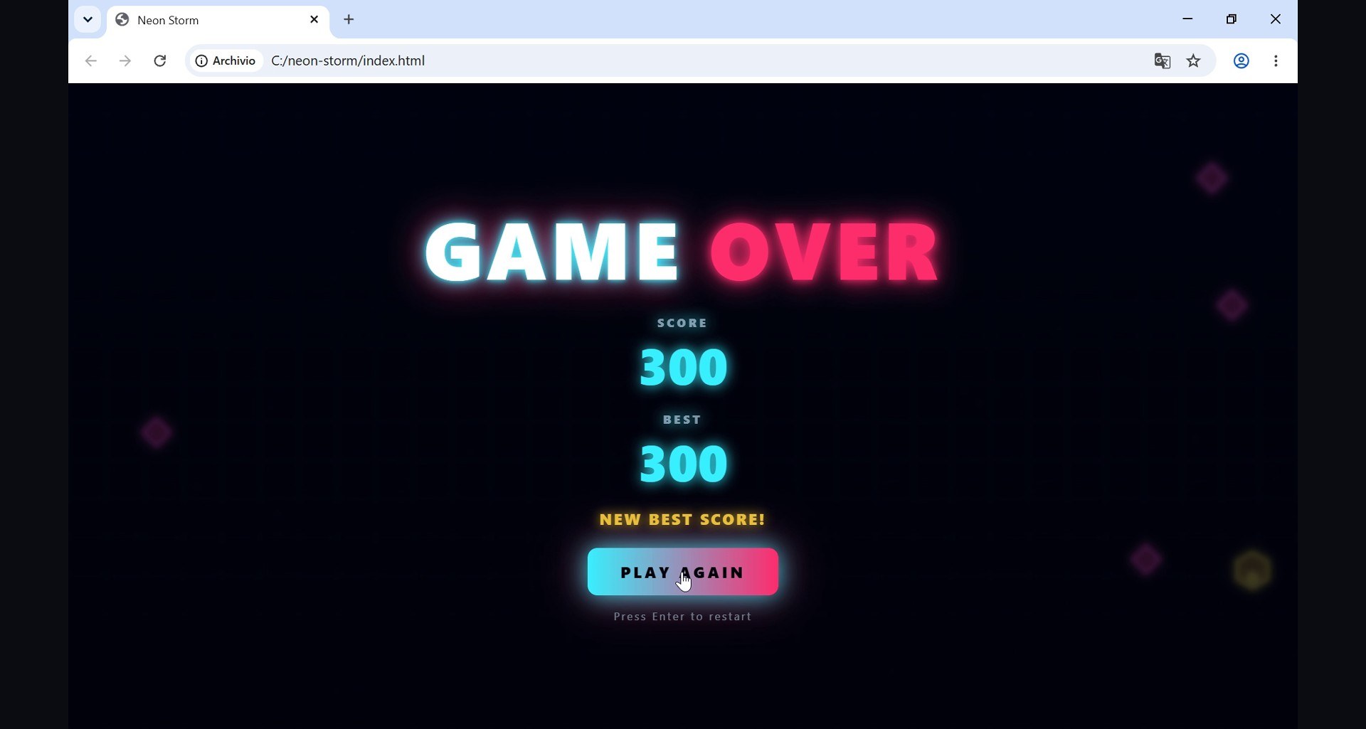 Neon Storm, written by Qwen 3.8 Flash Next inside OpenCode on the RTX 3060: it works on the first try and saves the best score.