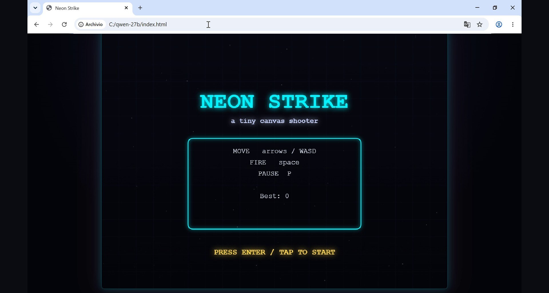 Neon Strike, Qwen 3.8 27B's build: a clean title screen, but pressing Enter does nothing. The game never starts.