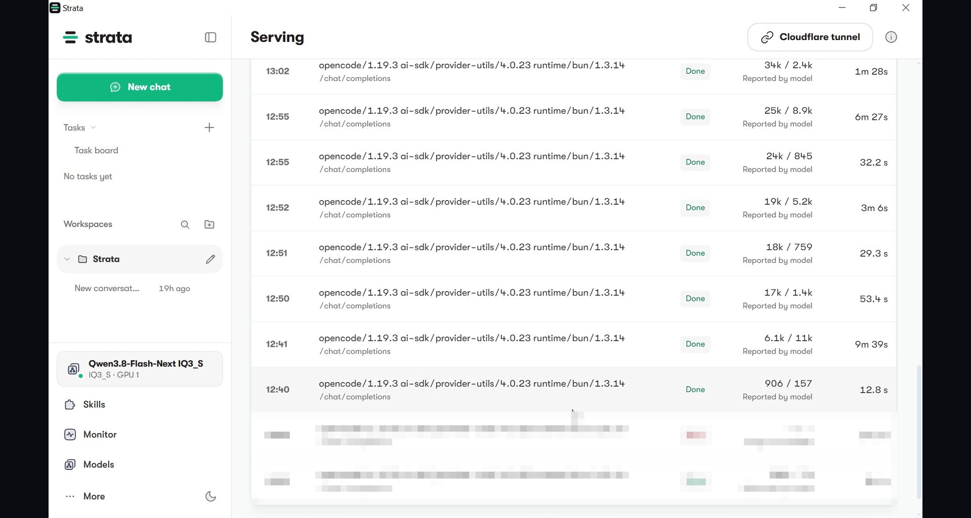 Strata's request log: every call OpenCode made to the local model during the build, with tokens in and out and the duration of each one.