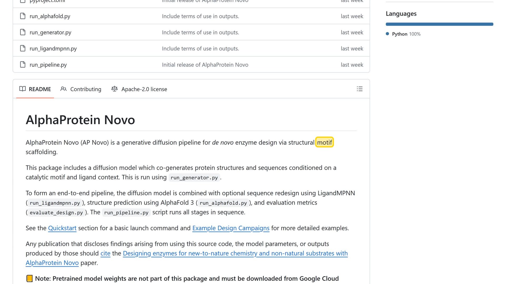 The AlphaProtein Novo repository: its own disclaimer says the outputs are predictions with varying levels of confidence.
