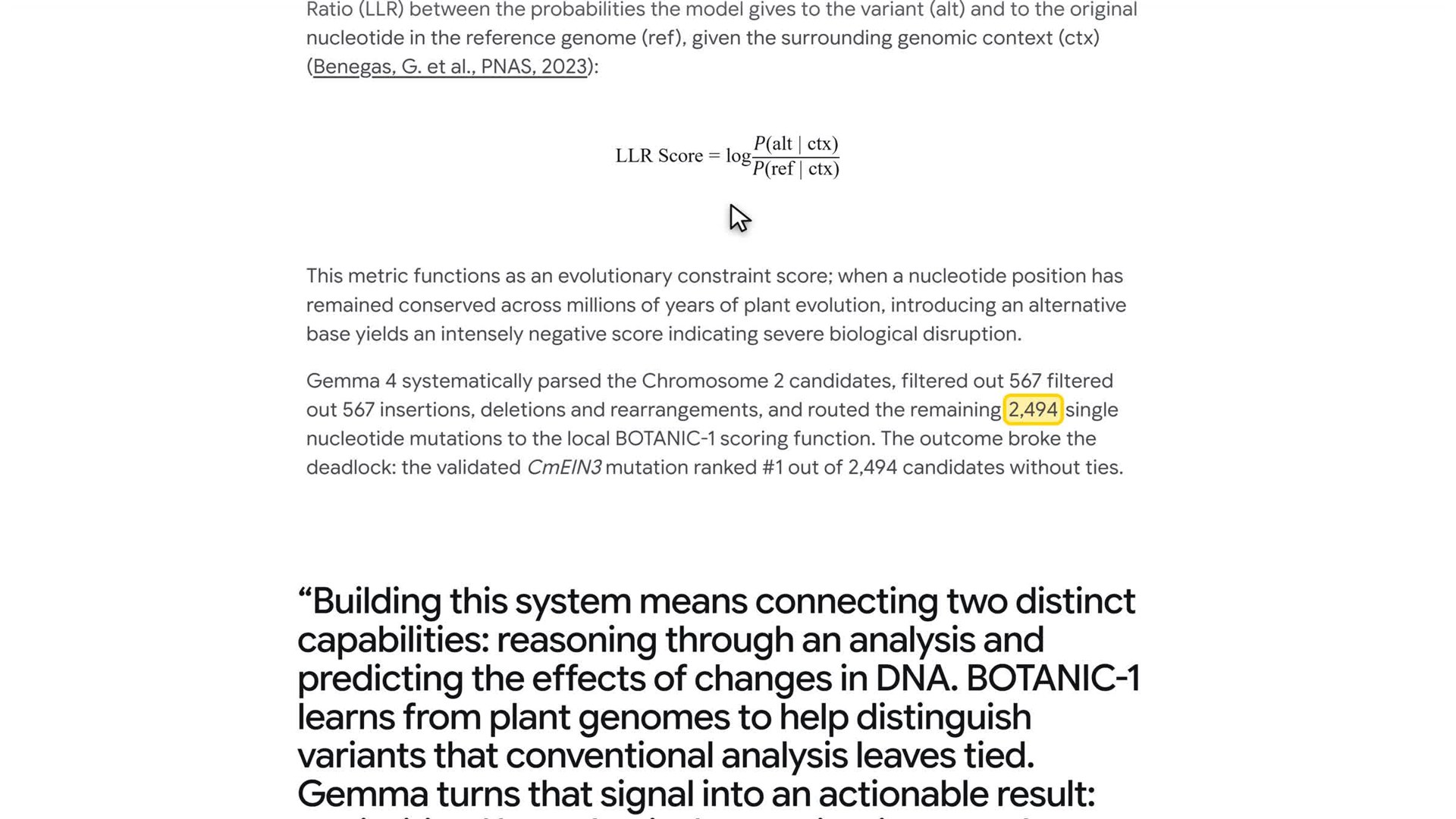 DeepMind's page: after filtering, the validated CmEIN3 mutation ranked first of 2,494 candidates.
