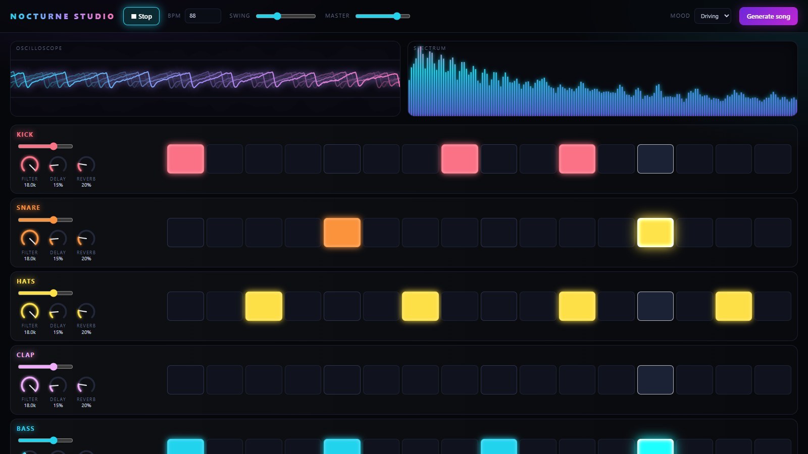 Claude Haiku 5.5, Nocturne Studio: an oscilloscope, a spectrum and a step sequencer.
