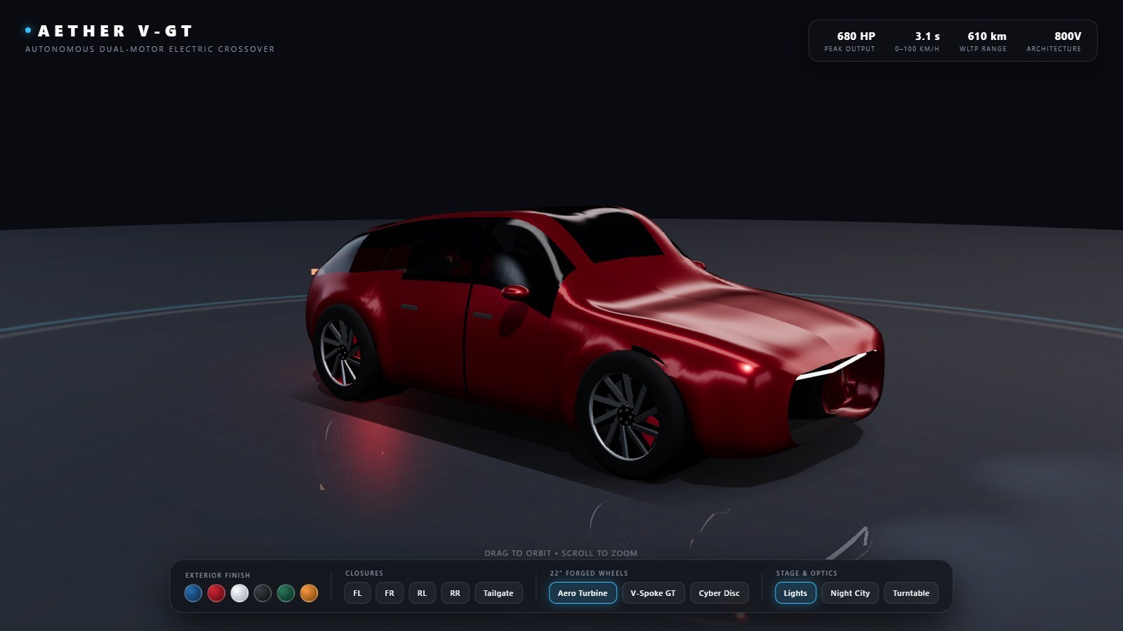 Argon's AETHER V-GT: paint finishes, four doors and a tailgate, three wheel styles. Ran first time, no edits.