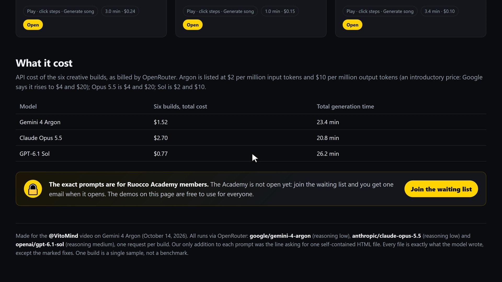The cost table on the demo page: Argon 1.52 dollars and 23.4 minutes, Opus 5.5 2.70 dollars and 20.8 minutes, Sol 0.77 dollars and 26.2 minutes.