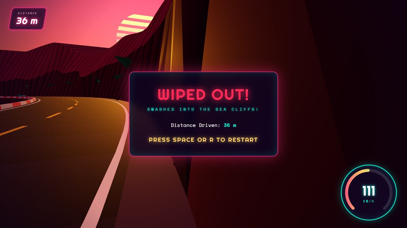Argon's Pacific Outrun: a retro-neon coast road with a speedometer and drifting smoke.