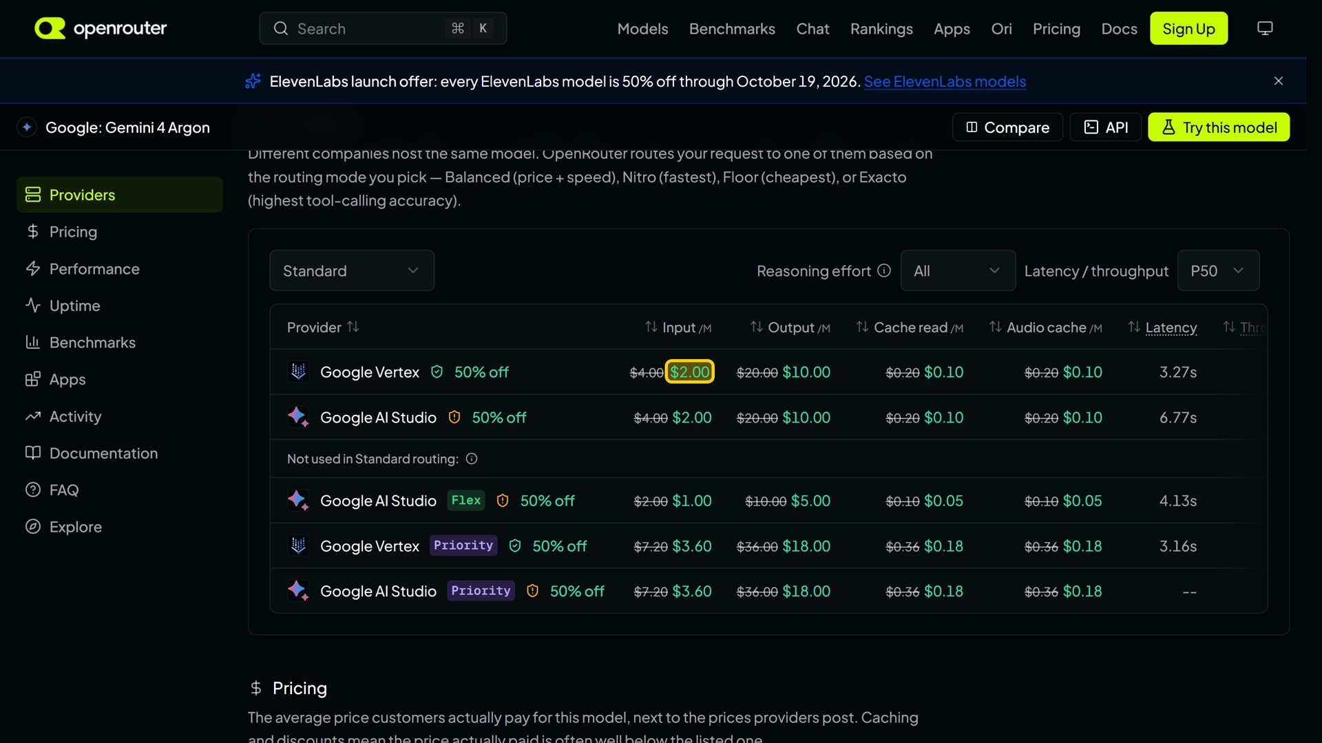 OpenRouter's page for Gemini 4 Argon: the standard 4 and 20 dollar price crossed out, the introductory 2 and 10 dollars highlighted.