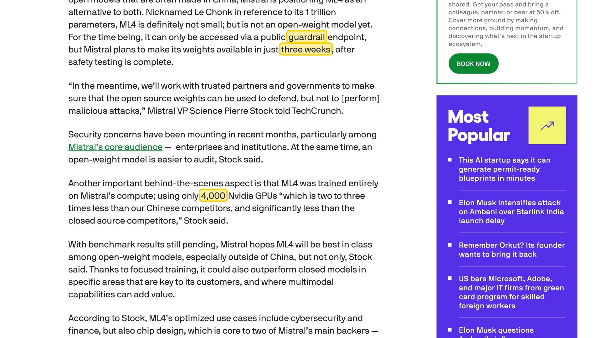 TechCrunch's report on Mistral Large 4, with the passages about the guardrail endpoint and the three-week plan highlighted.