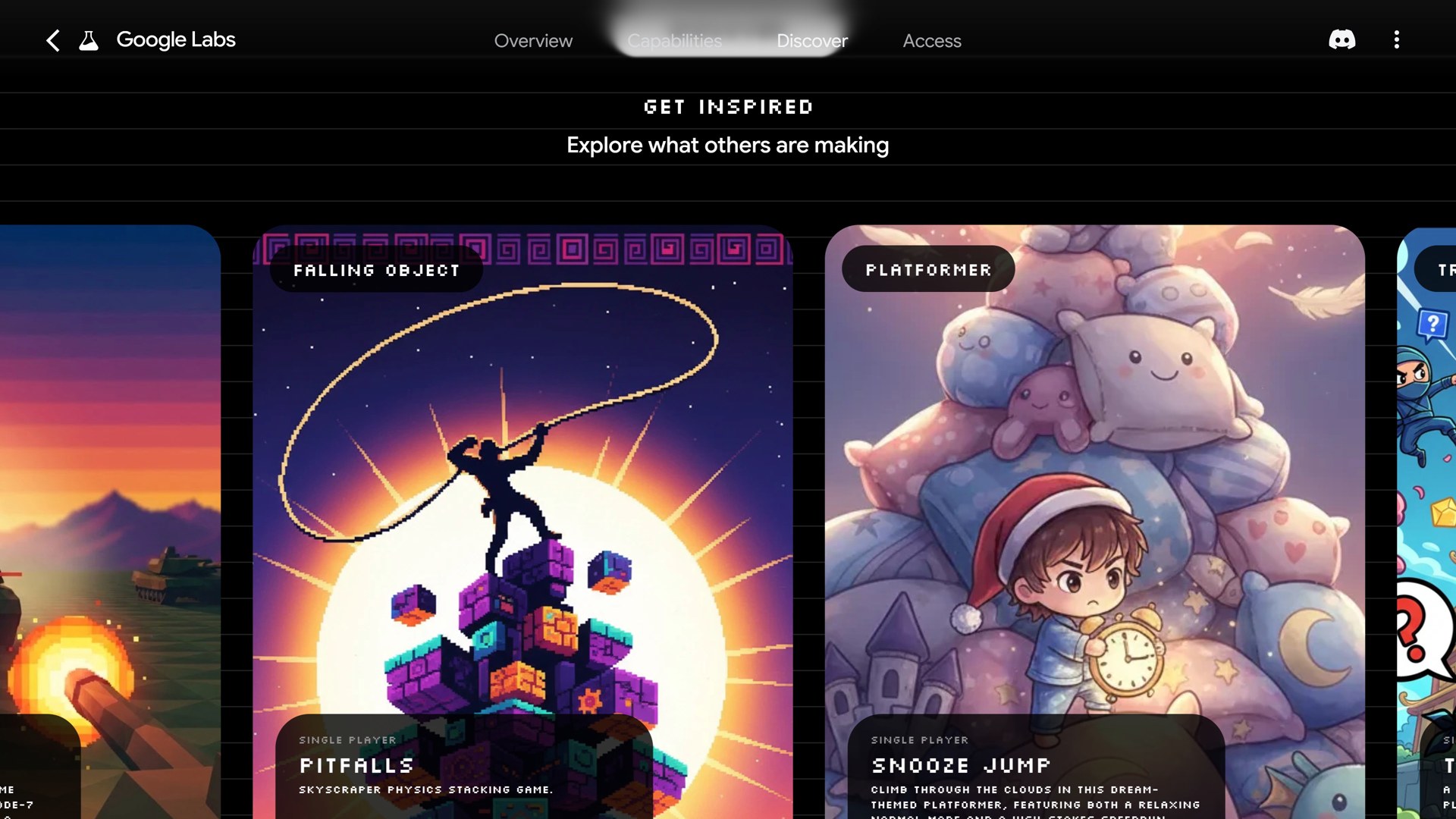 The Get inspired strip: Pitfalls, Snooze Jump and Truth Ninja, all made by prompting.