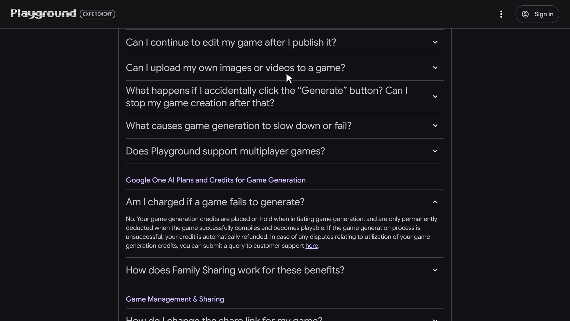 The help center answering Am I charged if a game fails to generate?