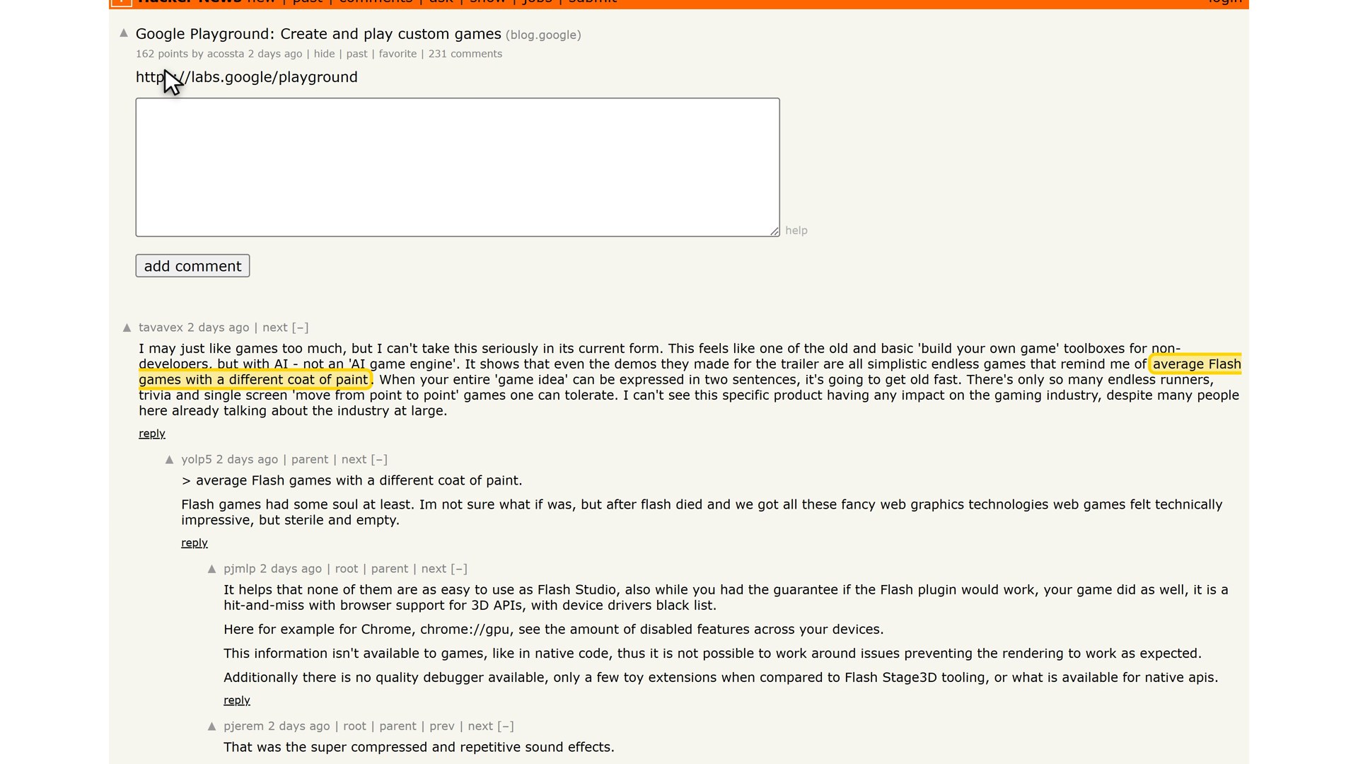 The Hacker News thread: average Flash games with a different coat of paint.