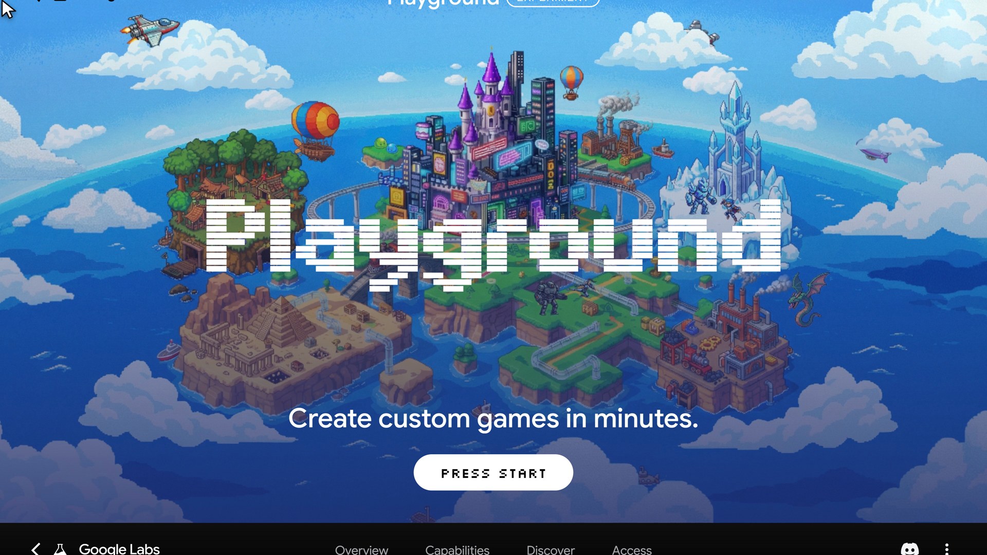The official Playground page on labs.google/playground: Create custom games in minutes.