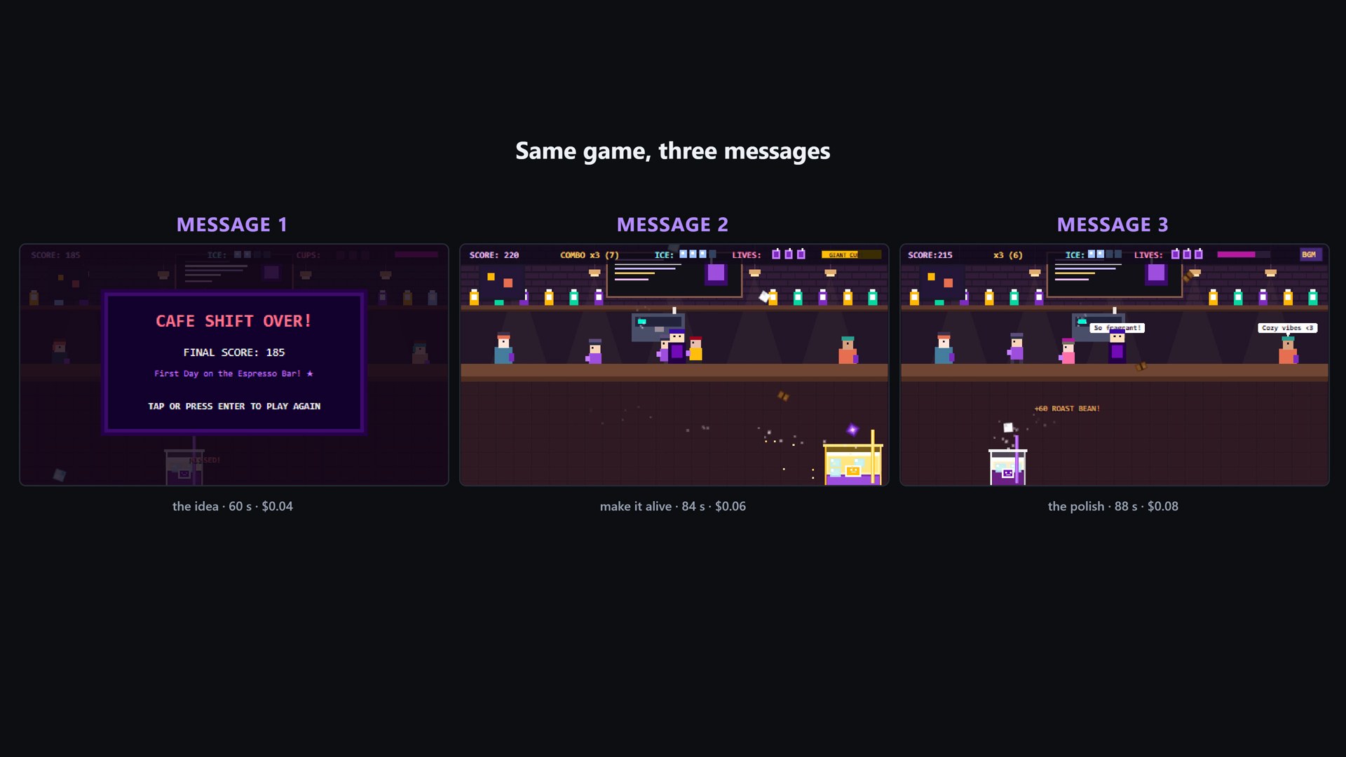 The three versions side by side, played by the same bot.