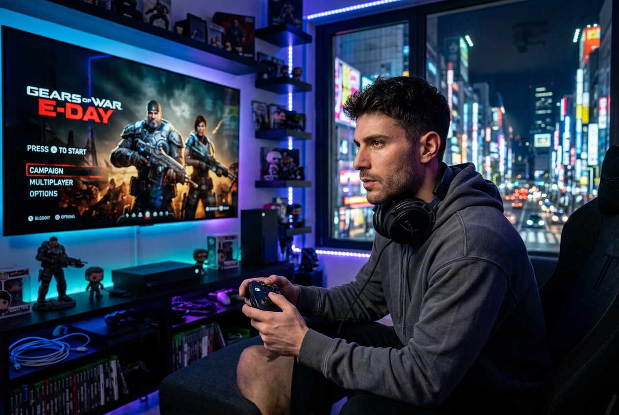 Young man Kaito playing Gears of War E-Day on Xbox in a gaming room