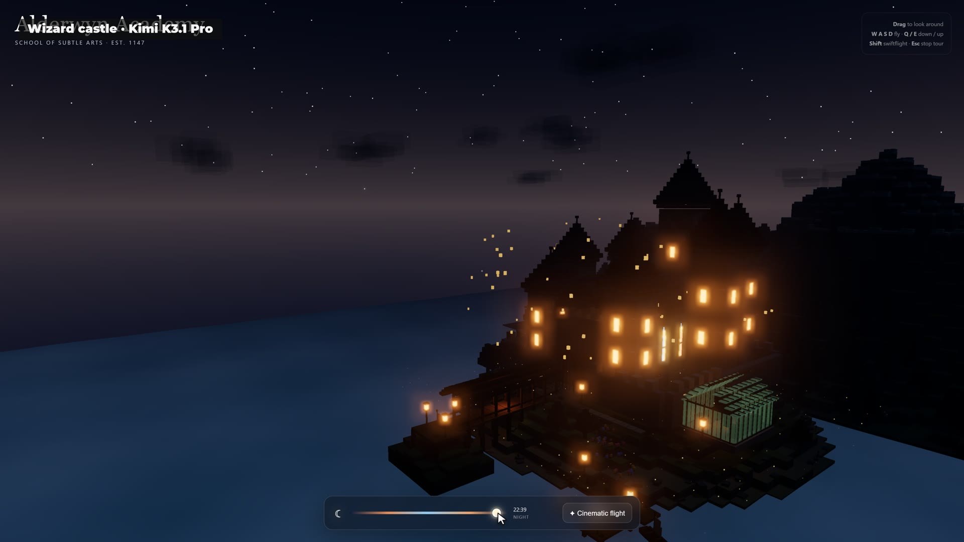 Alderwyn Academy by Kimi K3.1 Pro at night.