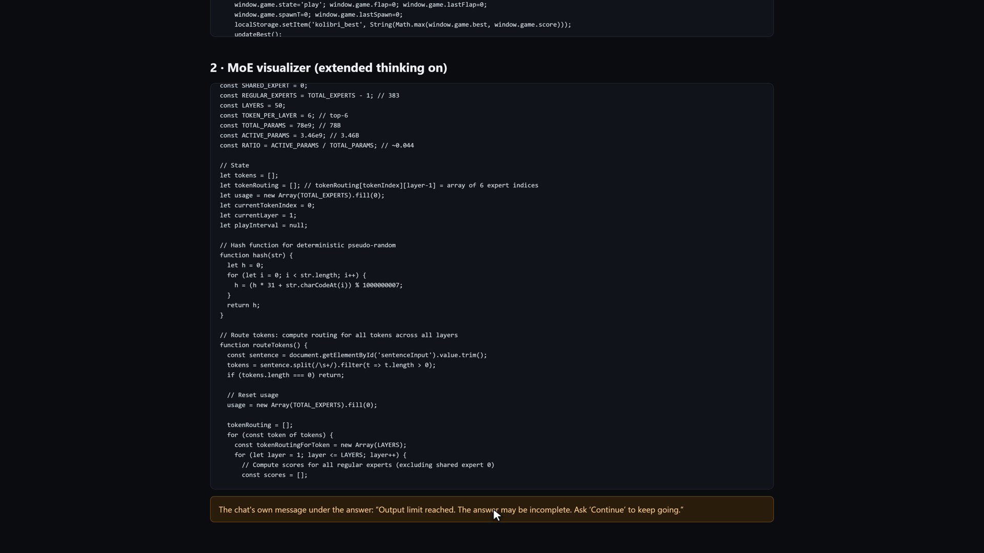 The end of Kolibri's second answer, exactly as it came out: the code stops mid-function, followed by the chat's Output limit reached message.