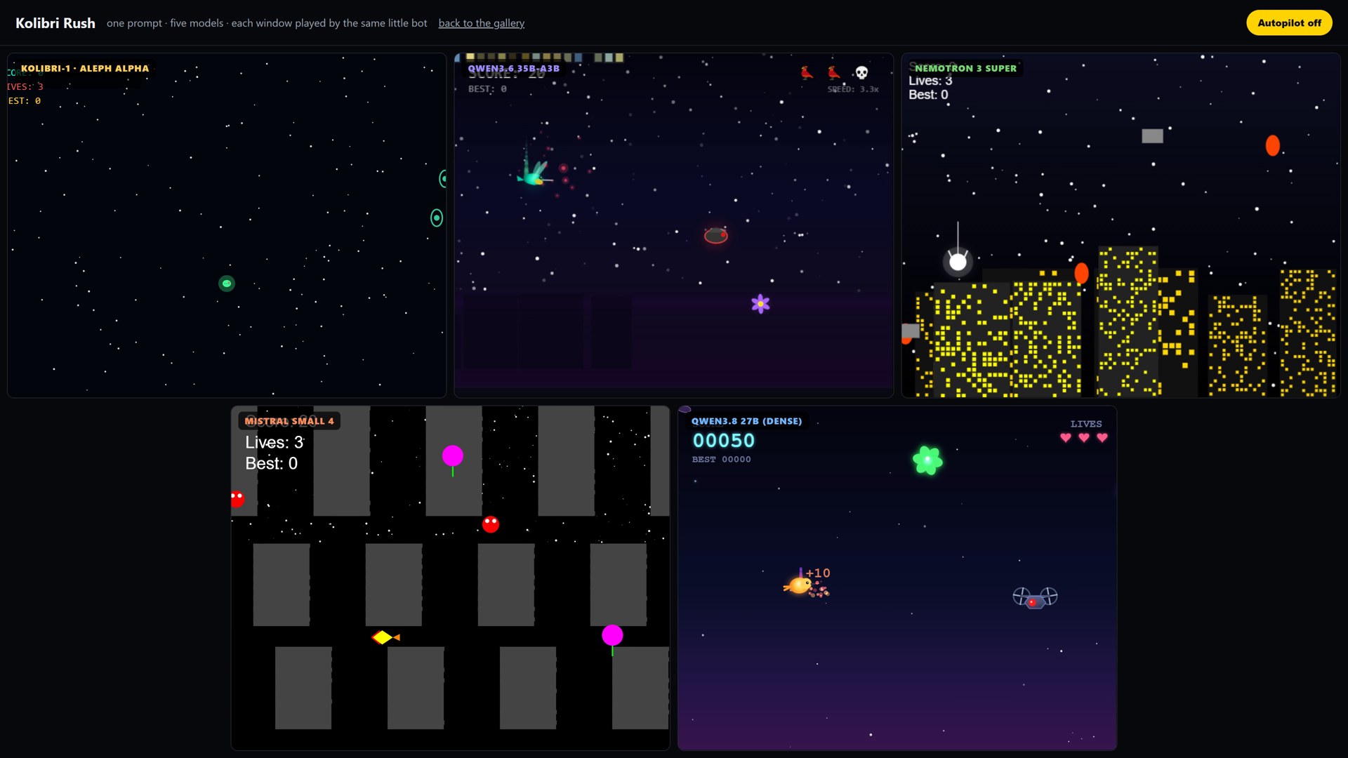 All five versions of Kolibri Rush running side by side on ruocco.it, each played by the same small bot.