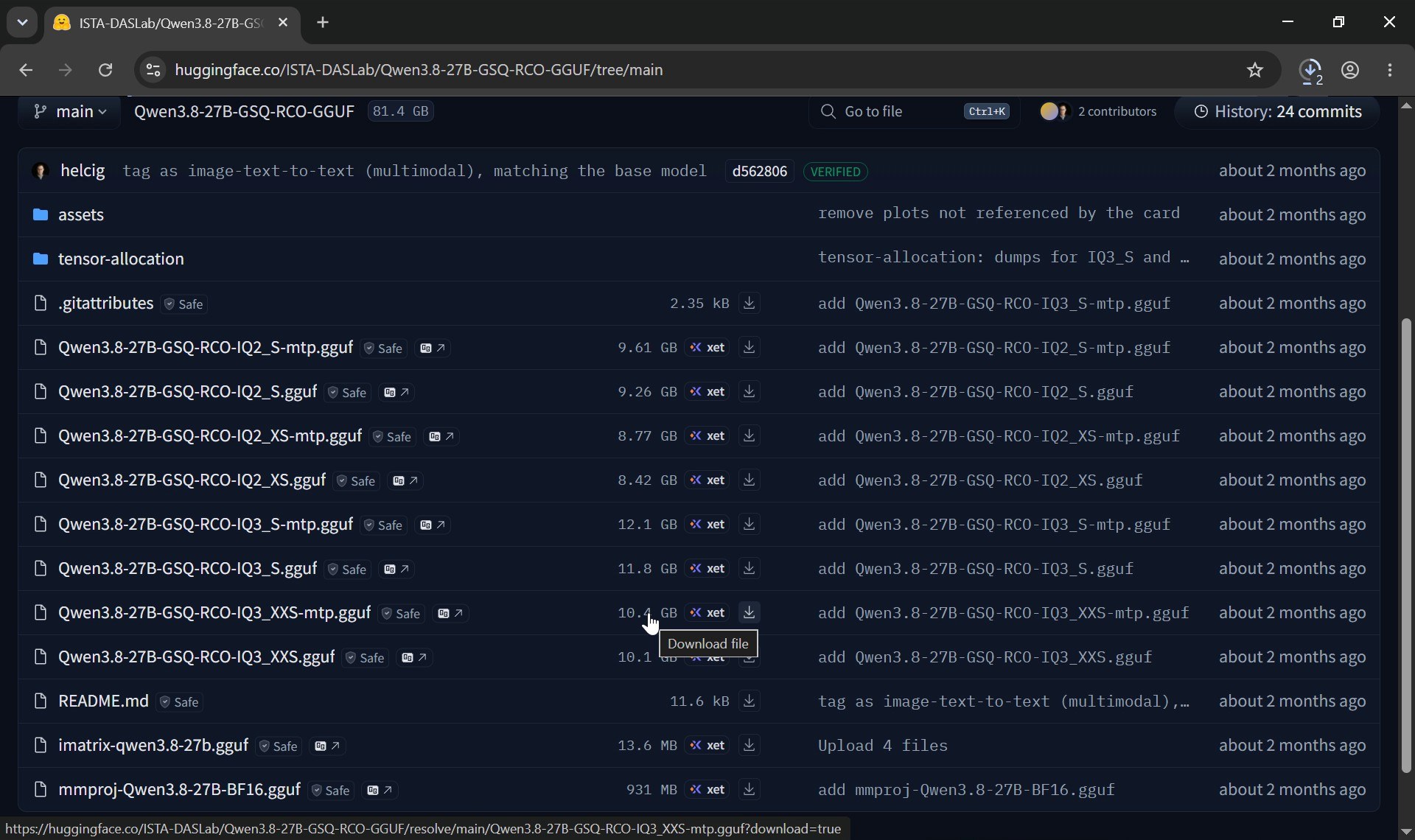Hugging Face, Files and versions: every GGUF file with its size, and the download arrow next to each one.