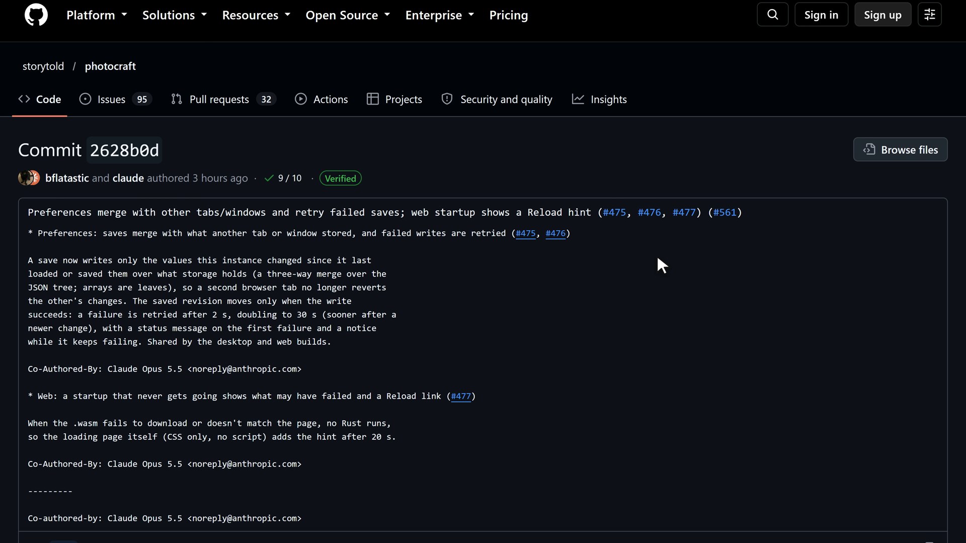 A PhotoCraft commit on GitHub: the message ends with Co-Authored-By: Claude Opus 5.5, like 40 of the last 100.