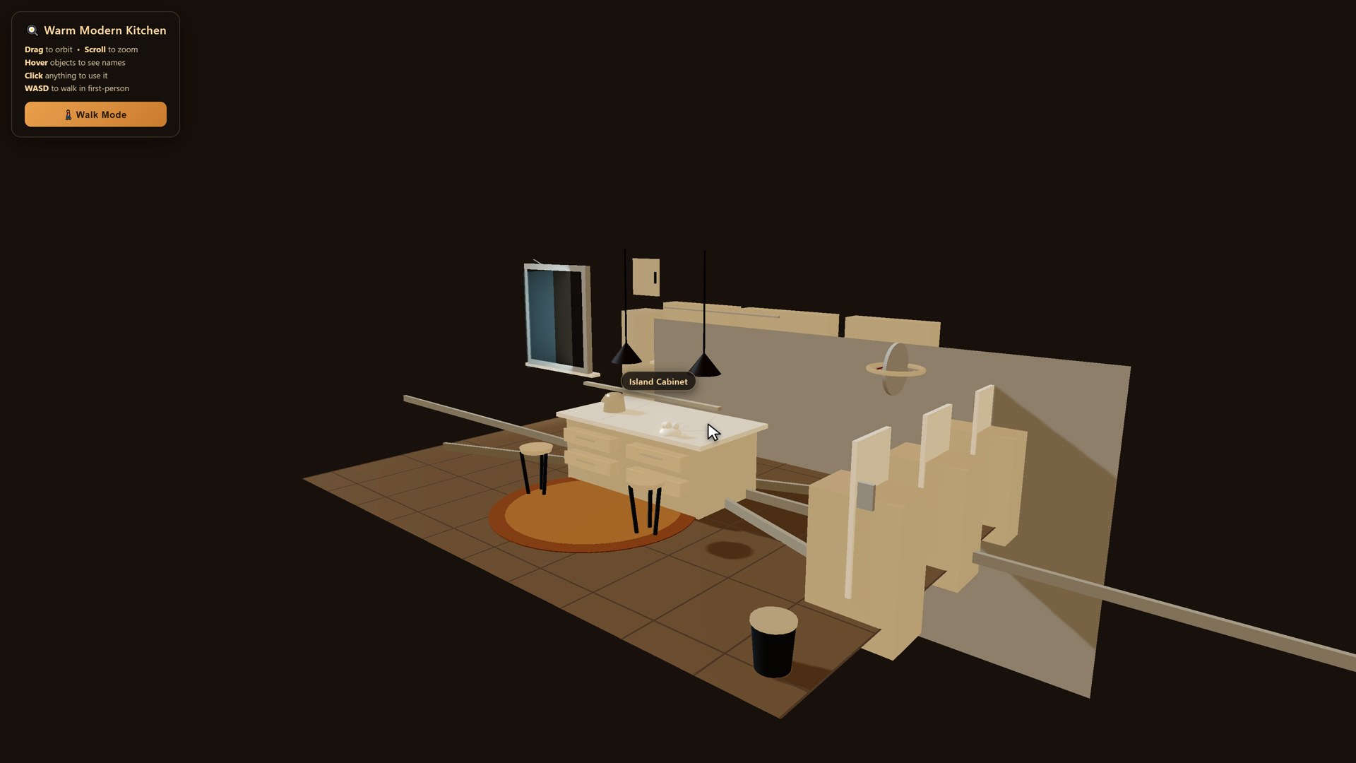 Mistral Large 4's kitchen: walls and beams in the wrong places hide the appliances, so clicks do nothing.