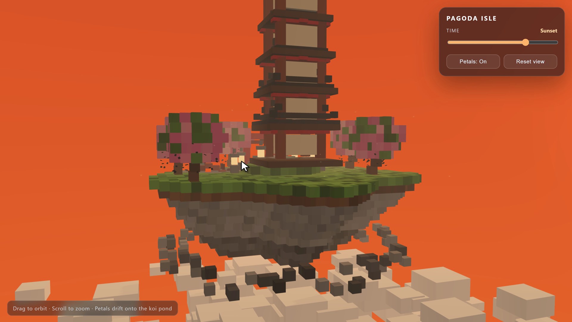 Mistral Large 4's pagoda at sunset: cherry trees, a torii gate, clouds under the island.